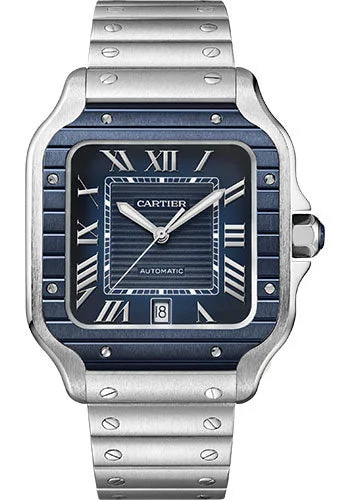 Cartier Santos de Cartier Watch - 39.8 mm Steel Case - Blue Striated Dial - Steel Strap and Second Blue Rubber Strap - WSSA0048