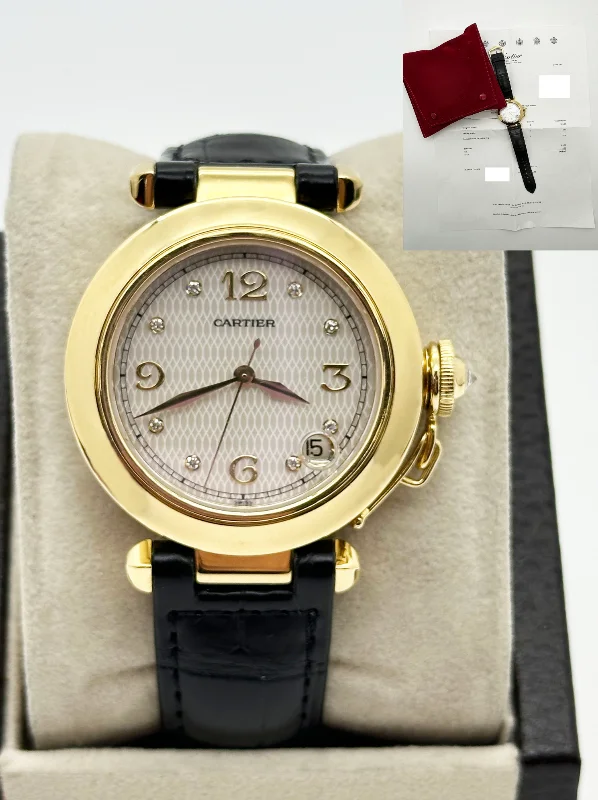 Cartier Pasha 1035 35m MOP Dial 18K Yellow Gold Leather Strap Service Paper