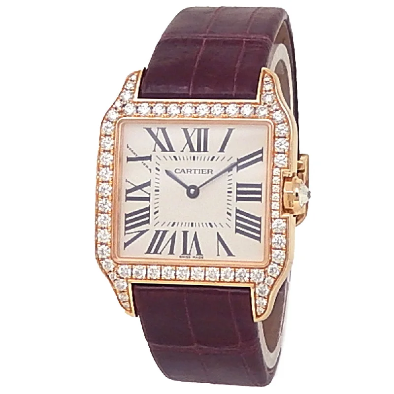 Cartier Santos Dumont 18k Rose Gold Burgundy Leather Quartz Diamonds White Ladies Watch WH100351