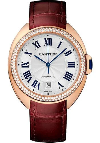 Cartier Cle De Cartier Watch - 40 mm Pink Gold Diamond Case - Diamond Bezel - Silver Dial - Bordeaux Alligator Strap - WJCL0012