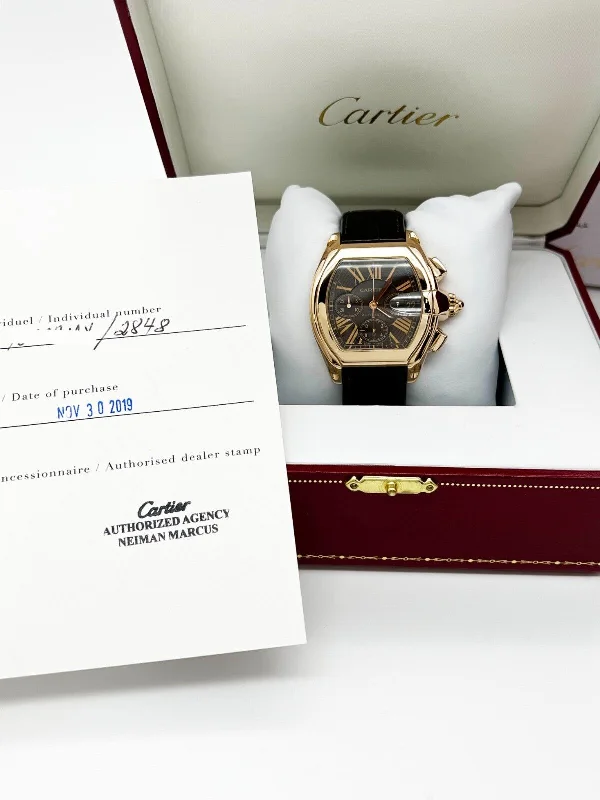 Cartier Ref 2848 Roadster Chronograph XL 18K Rose Gold Leather Strap Box Paper