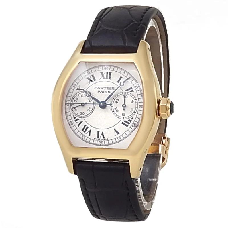 Cartier Tortue Monopoussior 18k Yellow Gold Black Leather Manual Silver Men's Watch 2356