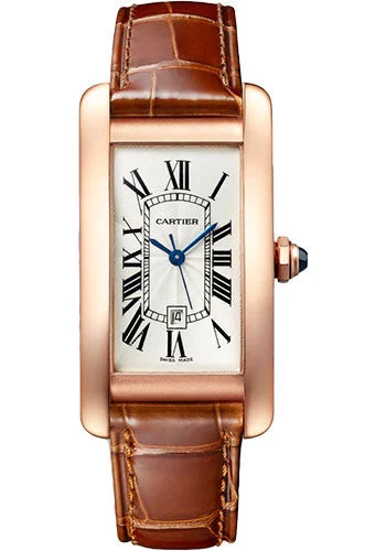 Cartier Tank AmŽricaine Watch - 41.60 mm x 22.60 mm Rose Gold Case - Silver Dial - Brown Leather Strap - WGTA0046