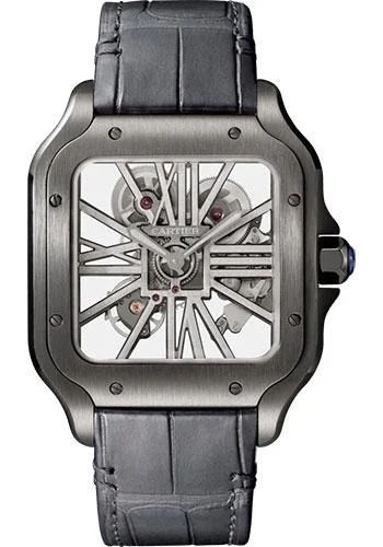 Cartier Santos de Cartier Watch - 39.8 mm Black Steel Case - Skeleton Dial - Black Black Alligator Strap - Both Bracelet - WHSA0009