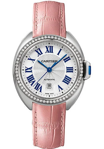 Cartier ClŽ de Cartier Watch - 31 mm Steel Case - 61 Diamond Bezel - Silvered Sunray Effect Dial - Pink Alligator Strap - W4CL0005