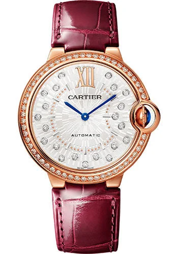 Cartier Ballon Bleu de Cartier Watch - 36 mm Rose Gold Diamond Case - Matt Silvered Stamped Sunray Diamond Dial - Burgundy Leather Strap - WJBB0081