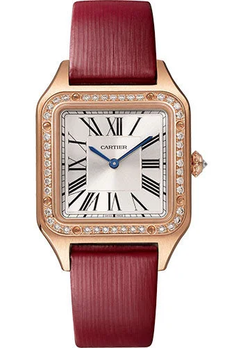 Cartier Santos-Dumont Watch - 38 mm x 27.5 mm Rose Gold Case - 44 Diamond Bezel - Silver Satin-Brushed Dial - Calfskin Straps - WJSA0019