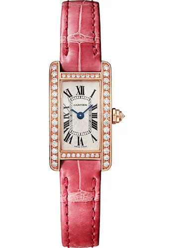 Cartier Tank AmŽricaine Watch - 27.00 mm x 15.20 mm Rose Gold Case - Silver Dial - Rouge Lie-De-Vin Leather Strap - WJTA0026