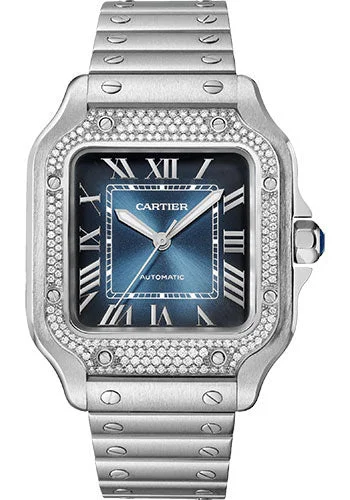 Cartier Santos de Cartier Watch - 35.1 mm Steel Case - 206 Diamond Bezel - Graduated Blue Dial - Alligator Leather Bracelet - W4SA0006