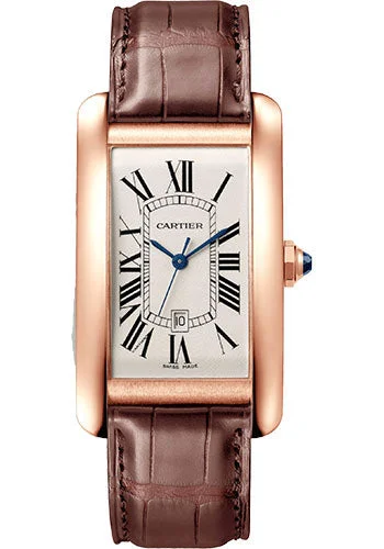 Cartier Tank AmŽricaine Watch - 45.1 mm x 26.6 mm Rose Gold Case - Silvered Dial - Alligator Strap - WGTA0047