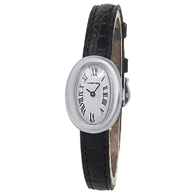 Cartier Mini Baignoire 18k White Gold Black Leather Quartz Silver Ladies Watch W1518956