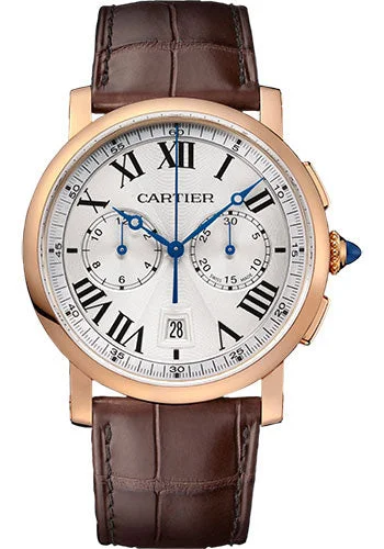 Cartier Rotonde de Cartier Chronograph Watch - 40 mm Pink Gold Case - Silvered Effect Dial - Brown Alligator Strap - W1556238