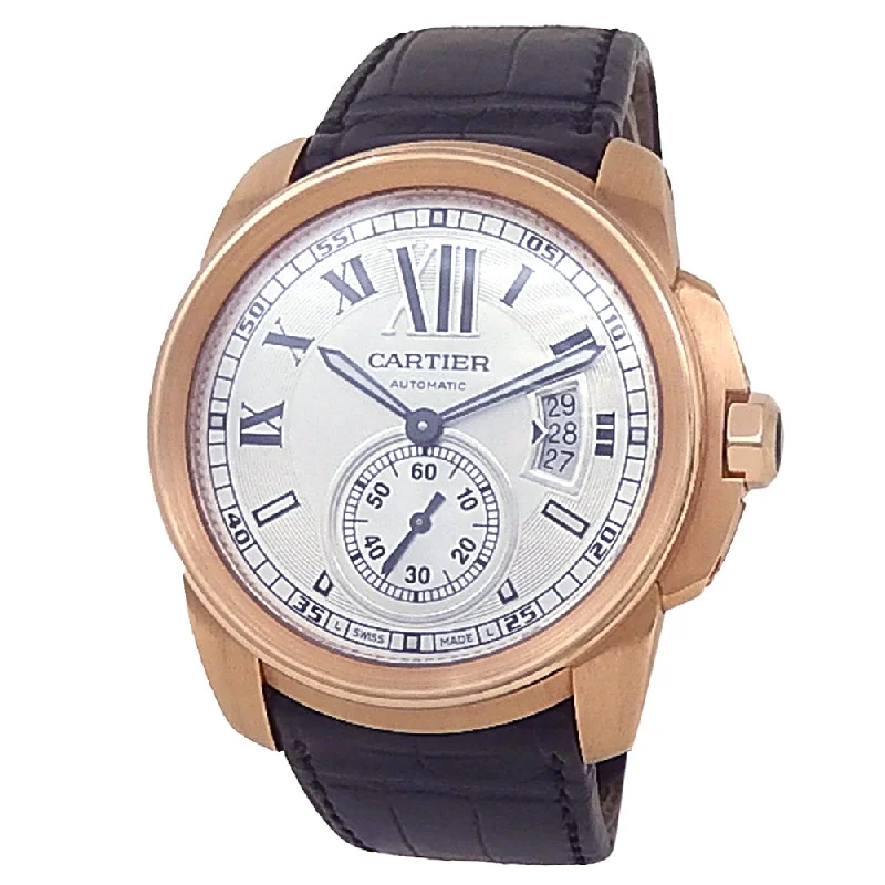 Cartier Calibre de Cartier 18k Rose Gold Black Leather Automatic Silver Men's Watch W7100009