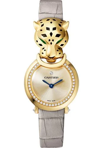 Cartier Panthere de Cartier Watch - 22 mm Yellow Gold Diamond Case - Gold Dial - Gray Leather Strap - HPI01297