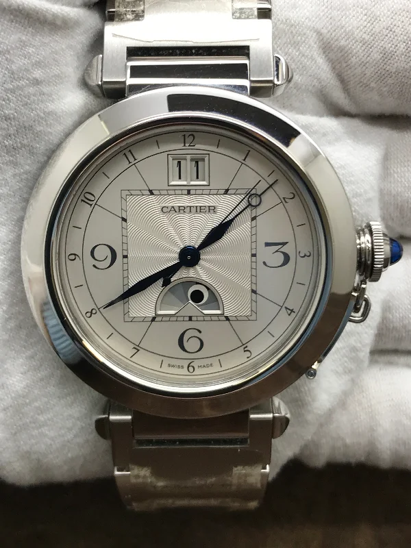 Cartier Pasha Big Date Moonphase GMT 2938 / W31093M7 Silver Opaline with guilloche inner square Dial Automatc Men's Watch