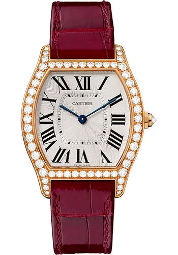 Cartier Tortue Watch - 39 mm Pink Gold Diamond Case - Bordeaux Alligator Strap - WA501008