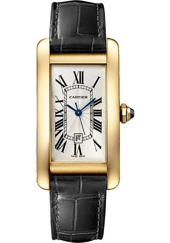 Cartier Tank AmŽricaine Watch - 41.60 mm x 22.60 mm Yellow Gold Case - Silver Dial - Black Leather Strap - WGTA0040