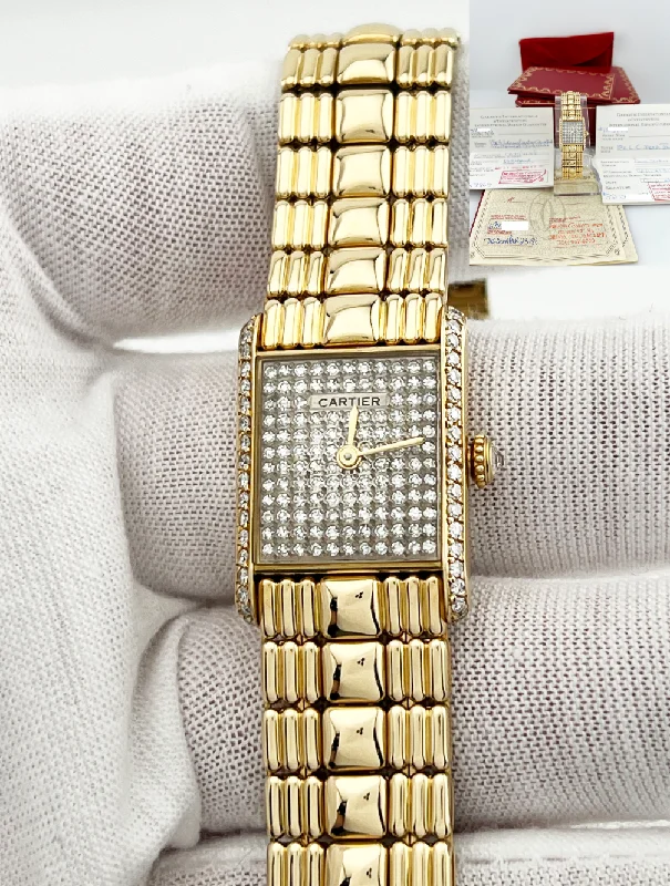 RARE Cartier Tank Louis Pave Diamond Dial & Bezel 18K Yellow Gold Box Papers