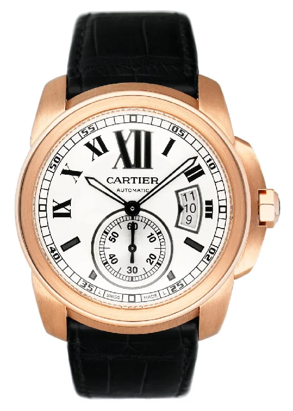 Cartier Calibre Large W7100009 Silver Dial Rose Gold Mens Watch