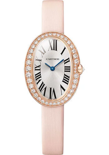 Cartier Baignoire Watch - 31.6 mm x 24.5 mm Rose Gold Diamond Case - Silvered Dial - Light Pink Brushed Calfskin Strap - WJBA0027