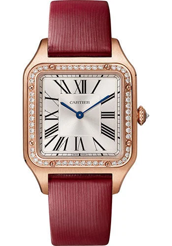 Cartier Santos-Dumont Watch - 38 mm x 27.5 mm Rose Gold Case - 52 Diamond Bezel - Silver Satin-Brushed Dial - Calfskin Straps - WJSA0018