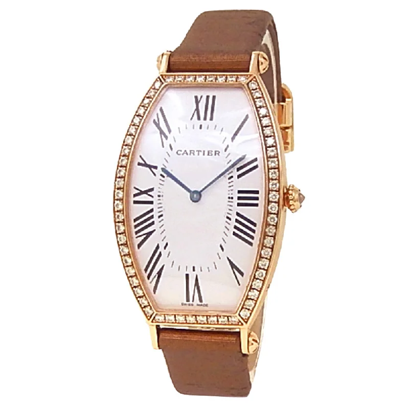 Cartier Tonneau 18k Rose Gold Brown Satin Manual Diamonds Silver Ladies Watch 2849