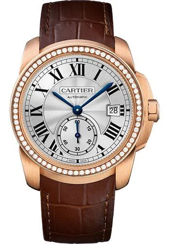 Cartier Calibre de Cartier Watch - 38 mm Pink Gold Case - Diamond Bezel - Silvered Dial - Dark Brown Alligator Strap - WF100013