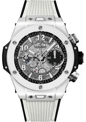 Hublot Big Bang Unico White Ceramic Watch - 42 mm - Black Skeleton Dial - Black and White Rubber Strap-441.HX.1171.RX