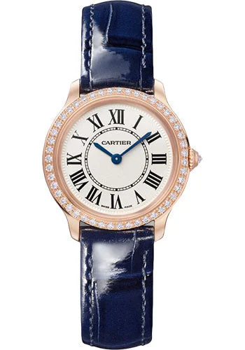 Cartier Ronde Louis Cartier Watch - 29 mm Rose Gold Diamond Case - Sandblasted Beige Dial - Navy Blue Varnished Alligator Strap - WJRN0009