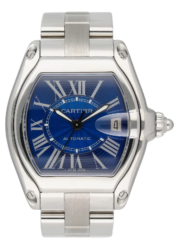 Cartier Roadster W62025V3 Blue Enamel Dial Steel Mens Watch