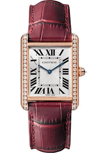 Cartier Tank Louis Cartier Watch - 33.7 mm x 25.5 mm Rose Gold Diamond Case - Silver-Grained Dial - Claret Leather Strap - WJTA0038